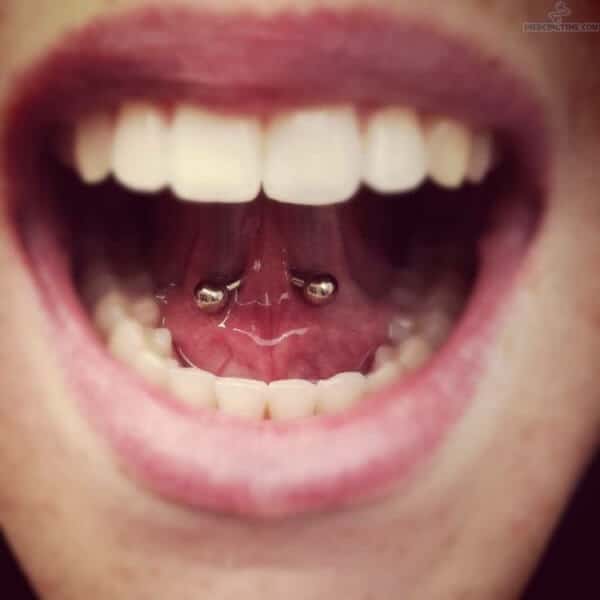 Silver barbell frenulum piercing