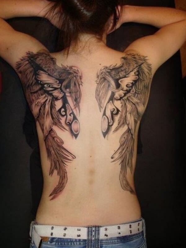 Grey Ink Angel Wings Tattoos On Girl Back Body