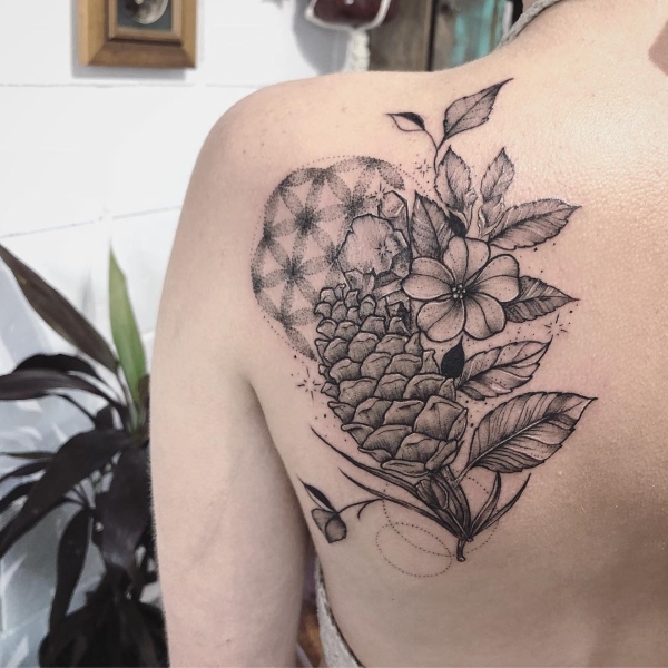 Pine Cone And Flower Tattoo