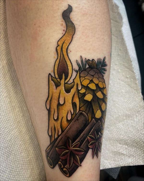Pine Cone And Fire Tattoo