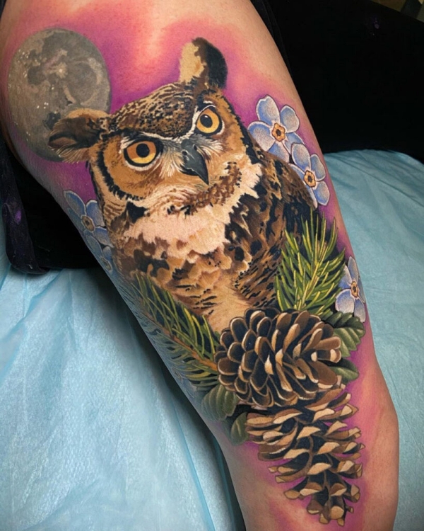 Pine Cone And Owl Tattoo