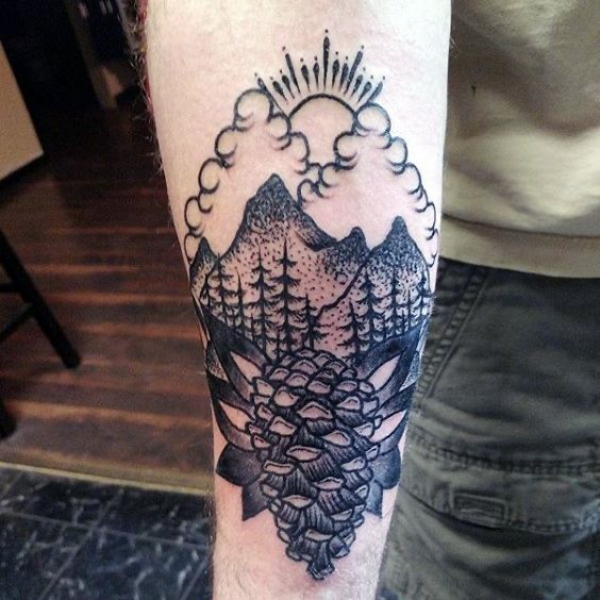 Pine Cone And Mountains Tattoo