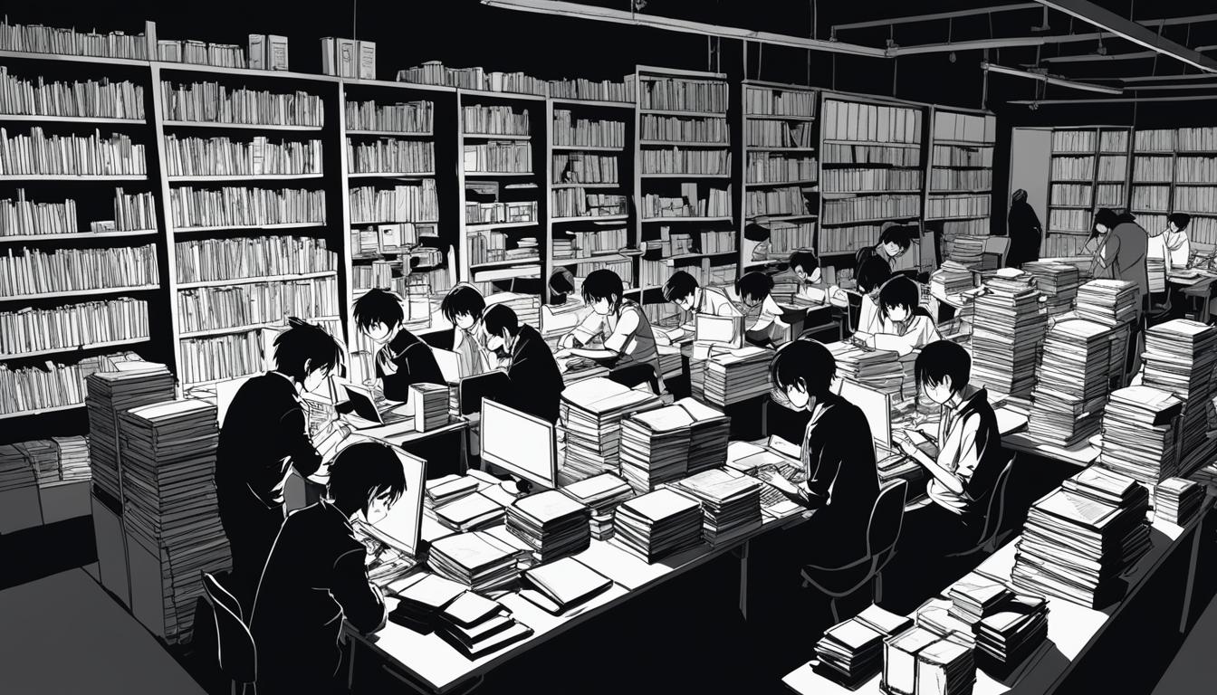 Manga artists working on black and white manga pages at desks