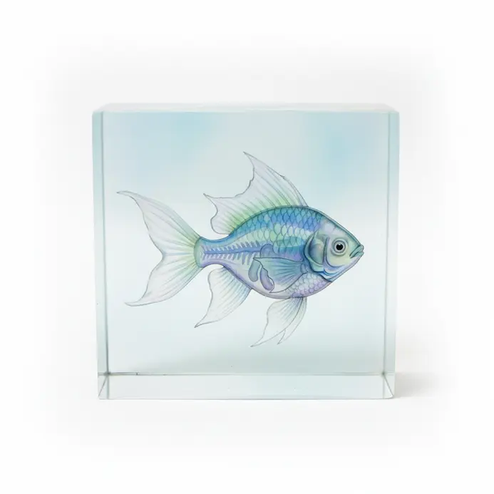 Resin aquarium painting with a fish featuring translucent layered body sections