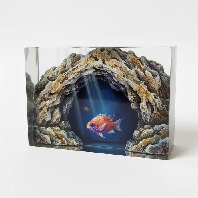 Resin aquarium scene with a rocky cave structure and fish painted to inhabit its shadows