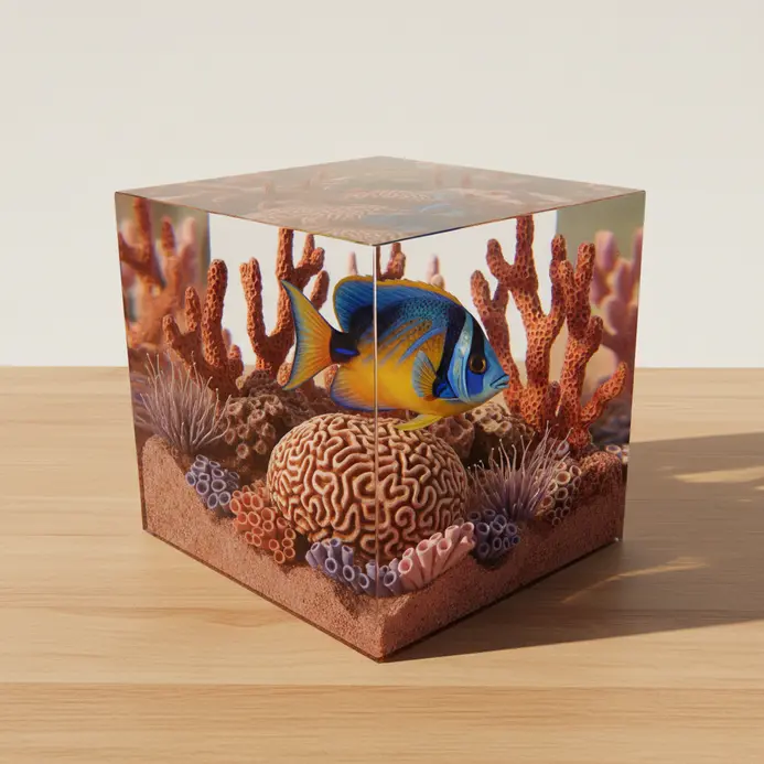 Detailed resin scene with painted fish interacting with three-dimensional coral textures