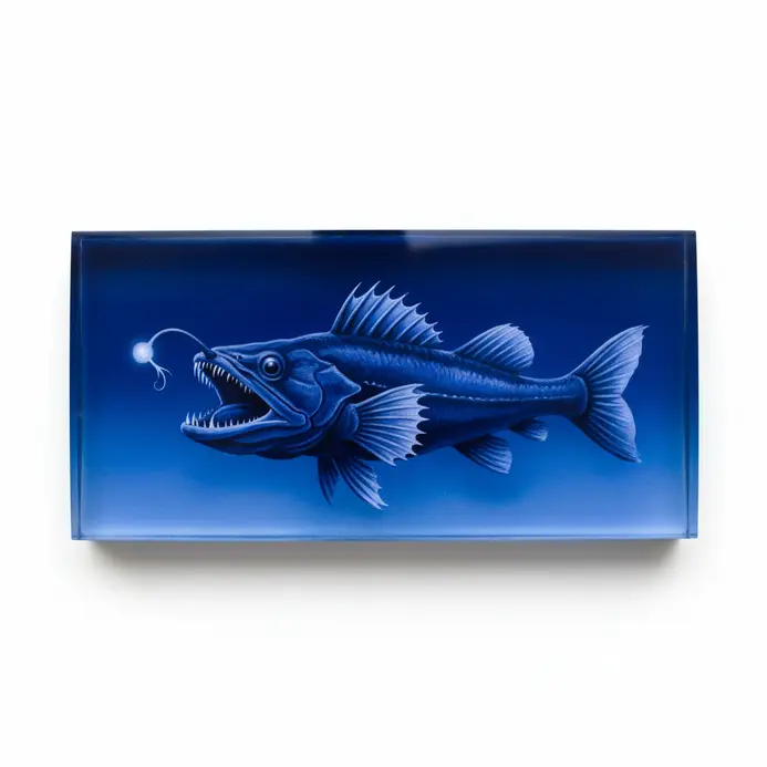 Monochromatic resin aquarium featuring fish painted in varying tones of blue and indigo