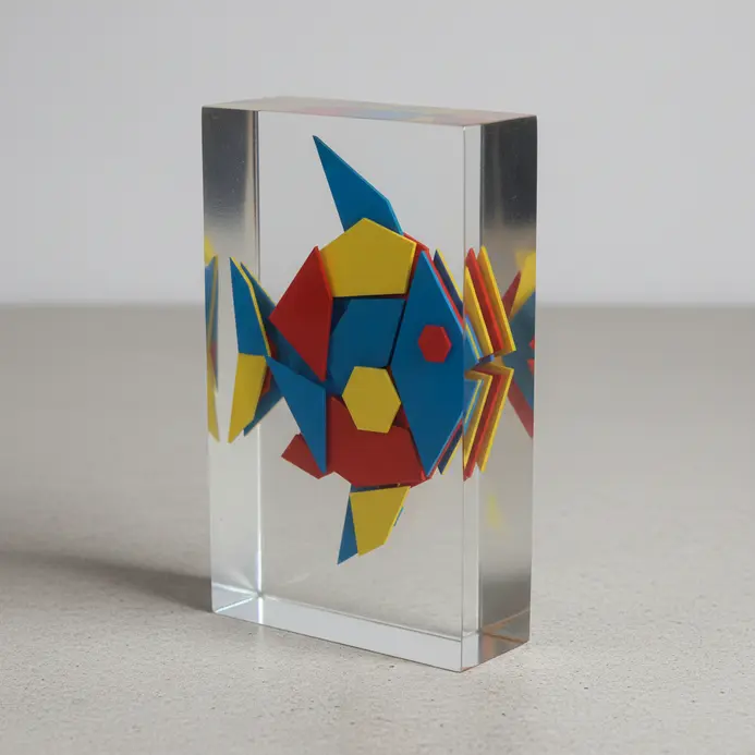 Abstract geometric fish designs painted on multiple layers within a resin block