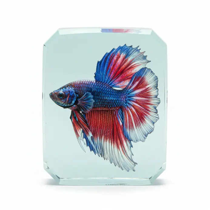 Hyper-realistic painted fish showing individual scales and transparent fin details in resin