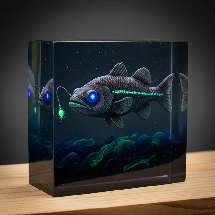 Painted deep-sea fish with luminous details creating a bioluminescent effect in dark blue resin
