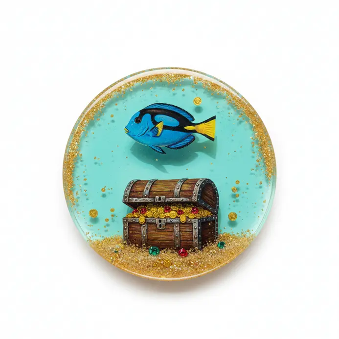 Painted tropical fish swimming around a sunken treasure chest embedded in resin layers