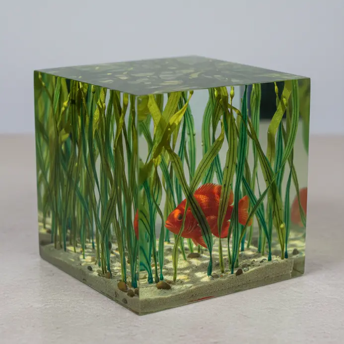 Green kelp forest resin environment with fish painted to hide and swim among the leaves