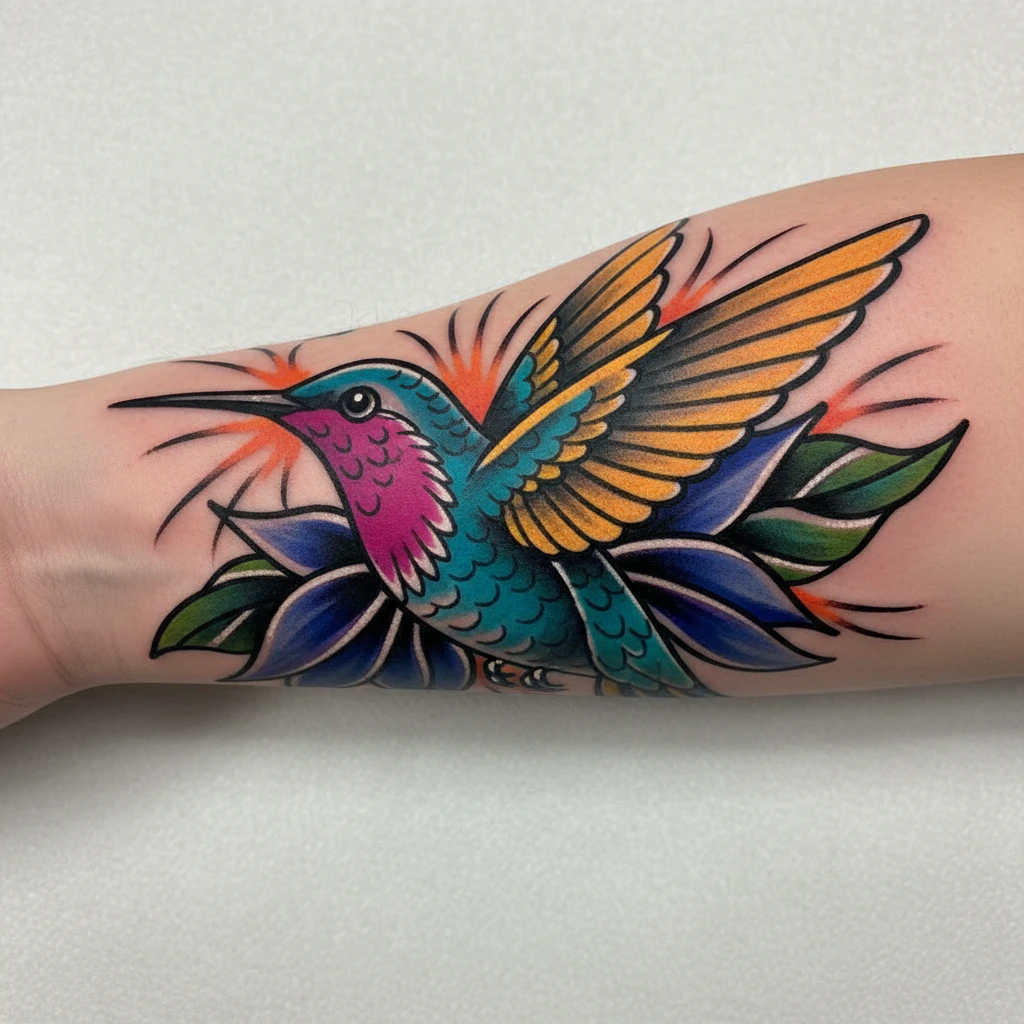 Neo-traditional hummingbird tattoo utilizing rich, deep color saturation and bold black lines.
