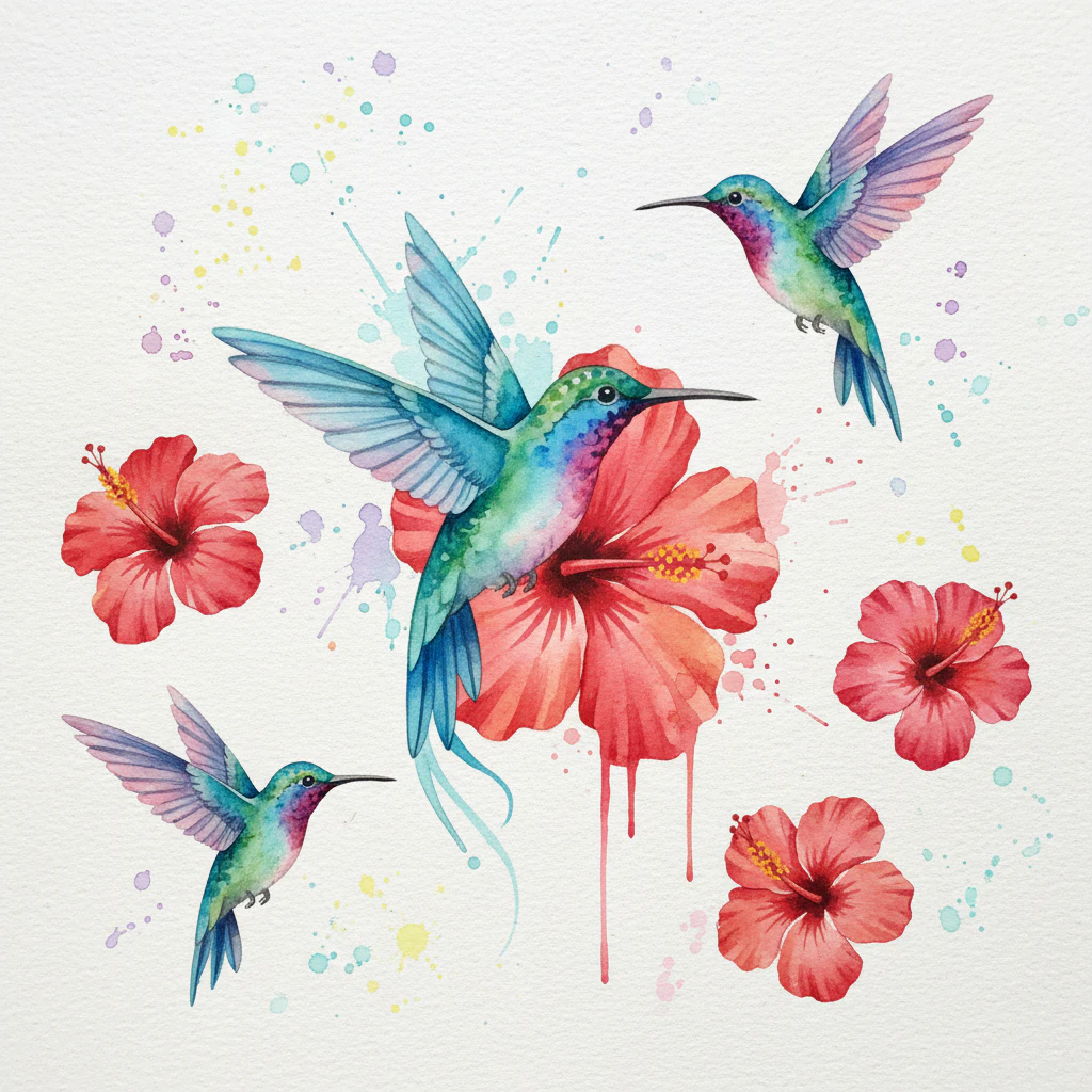 Watercolor hummingbird tattoo smoothly blended with a bright pink hibiscus flower.
