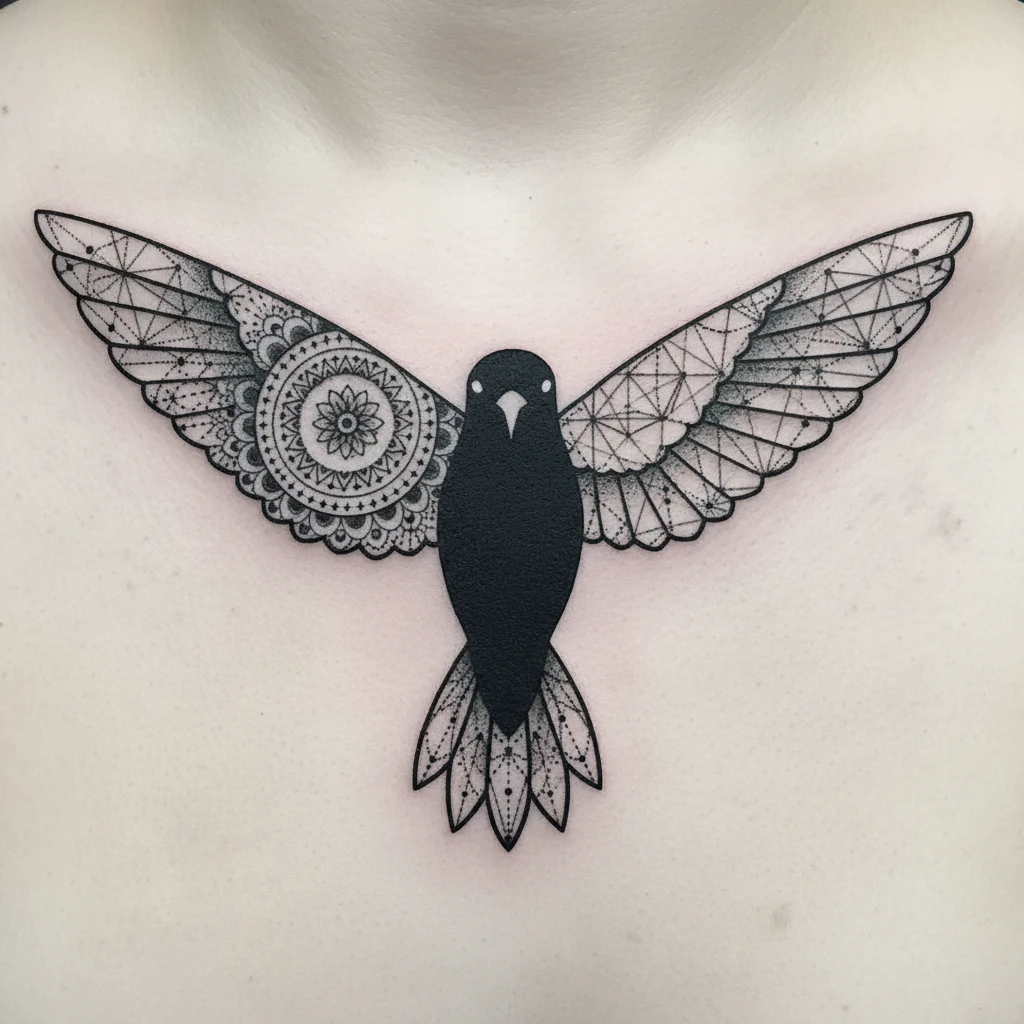 Geometric hummingbird tattoo featuring intricate mandala wing patterns and sharp linework.