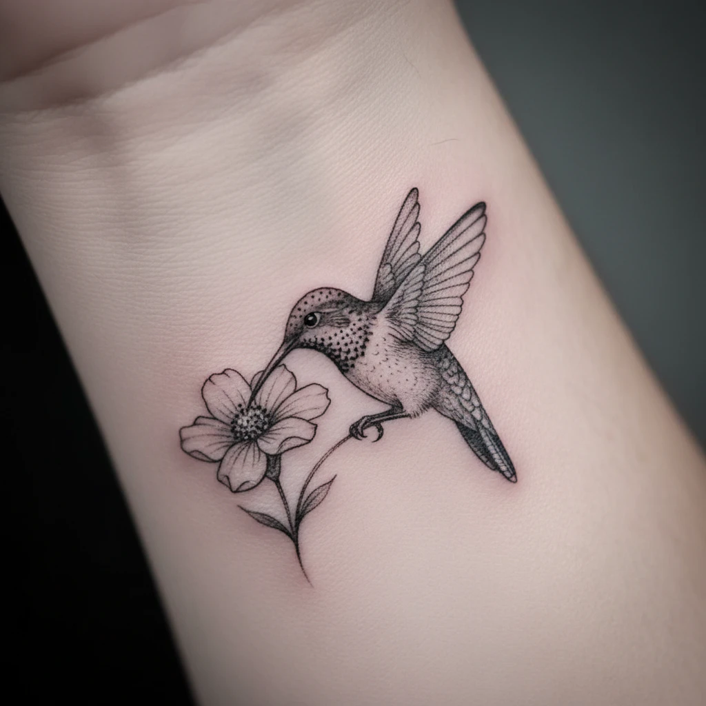 Micro-realistic hummingbird tattoo packed with fine details designed specifically for the wrist.