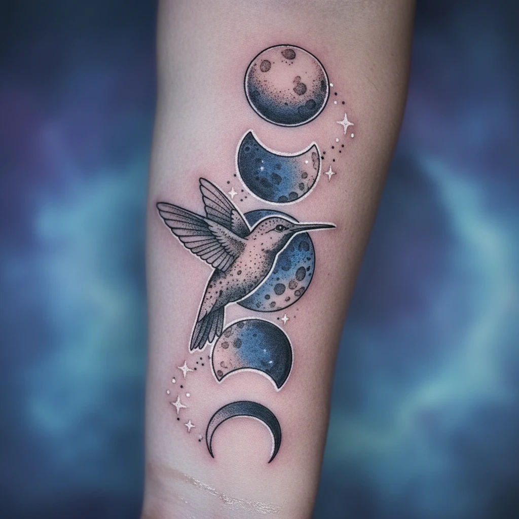 Hummingbird tattoo set against a celestial moon phase backdrop in a night sky.
