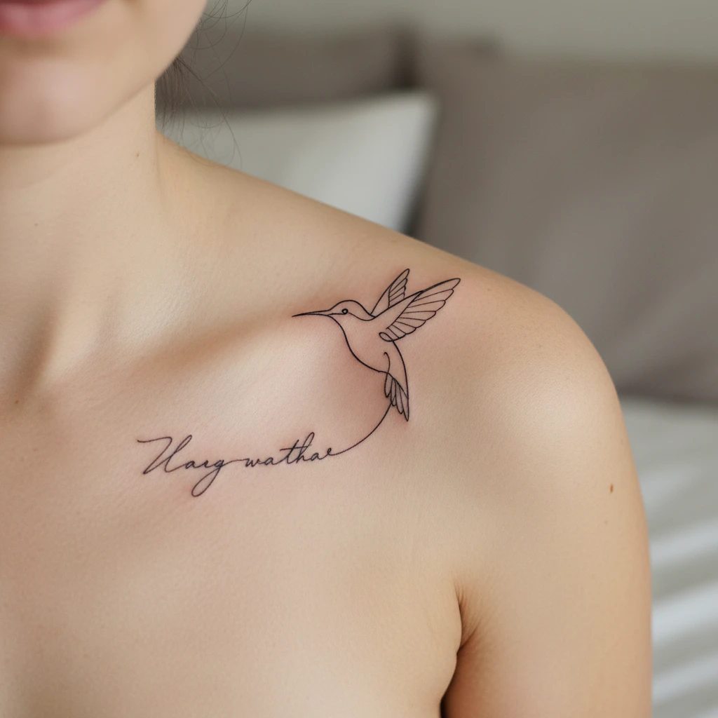 Hummingbird tattoo paired with an elegant script font quotation banner.