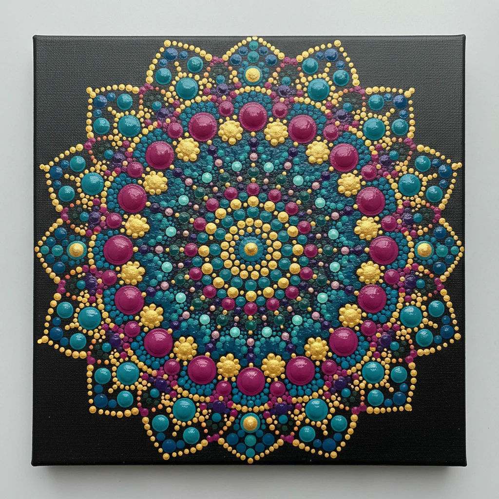 Close-up of traditional Aboriginal dot patterns in earthy red, brown, and white on a textured canvas.