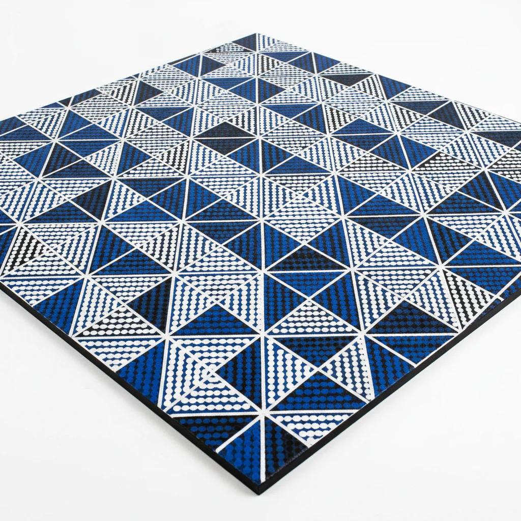 Close-up of traditional Aboriginal dot patterns in earthy red, brown, and white on a textured canvas.