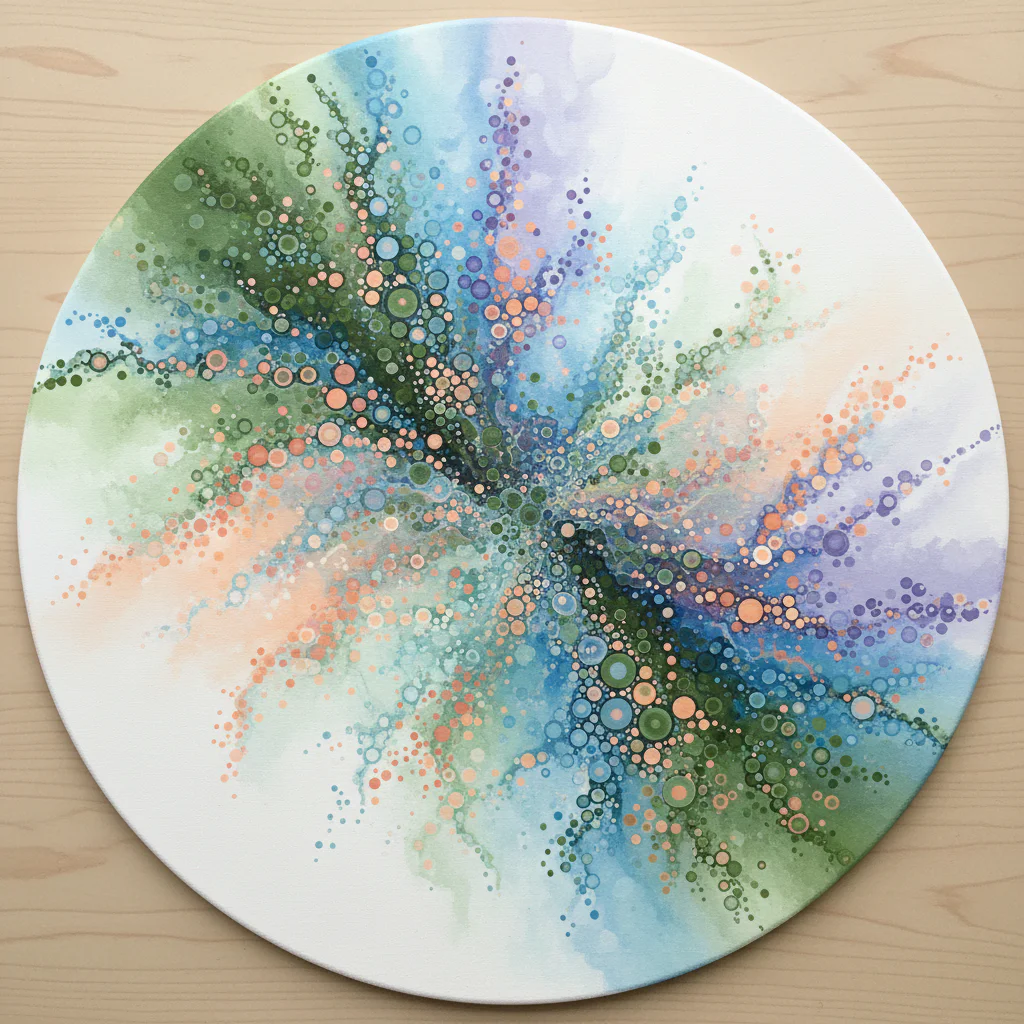 Close-up of traditional Aboriginal dot patterns in earthy red, brown, and white on a textured canvas.