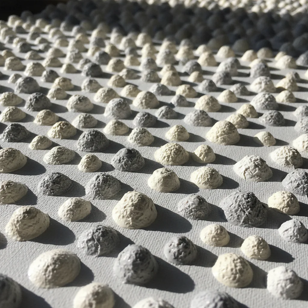 Close-up of traditional Aboriginal dot patterns in earthy red, brown, and white on a textured canvas.