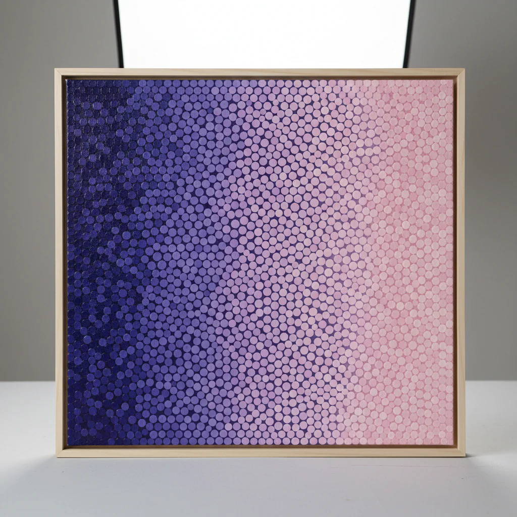 Close-up of traditional Aboriginal dot patterns in earthy red, brown, and white on a textured canvas.