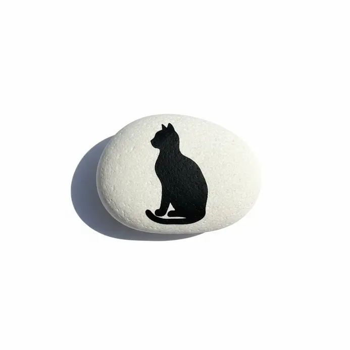 A smooth white rock painted with a black silhouette of a sitting cat
