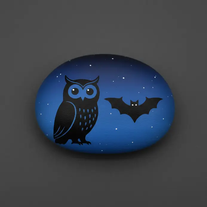 A painted rock with an owl and bat on a dark blue night background