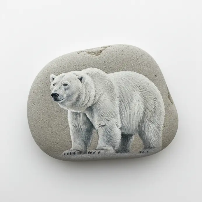 A polar bear painted in white and gray tones on a light colored rock