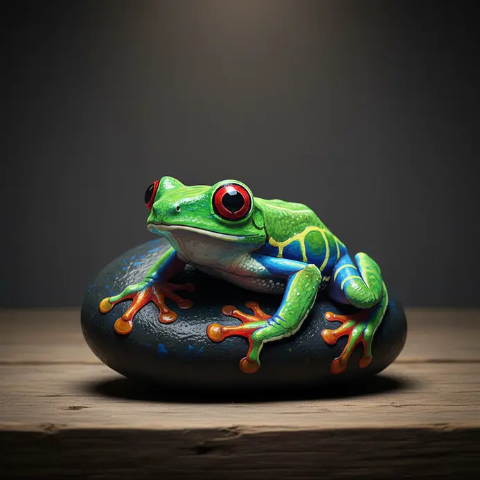 A bright tree frog painted on a rock in neon green blue and orange