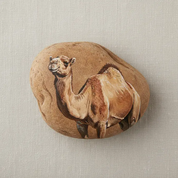 A camel painted in earth tones on a textured brown rock