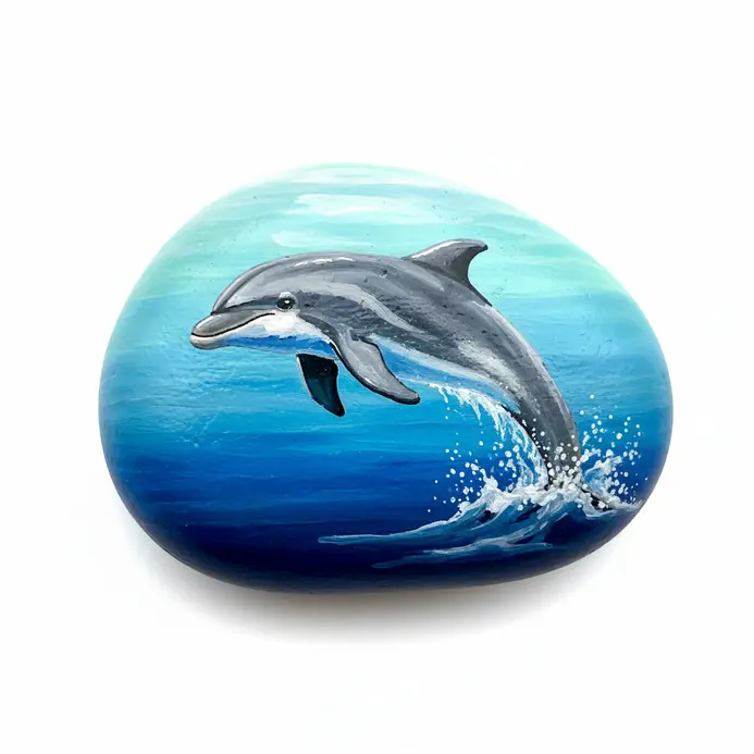 A dolphin painted on a rock with a blended blue ocean gradient background