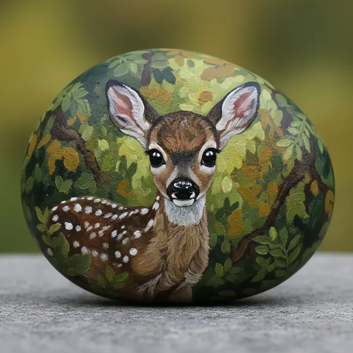 A camouflaged fawn painted on a rock with brown and green forest patterns