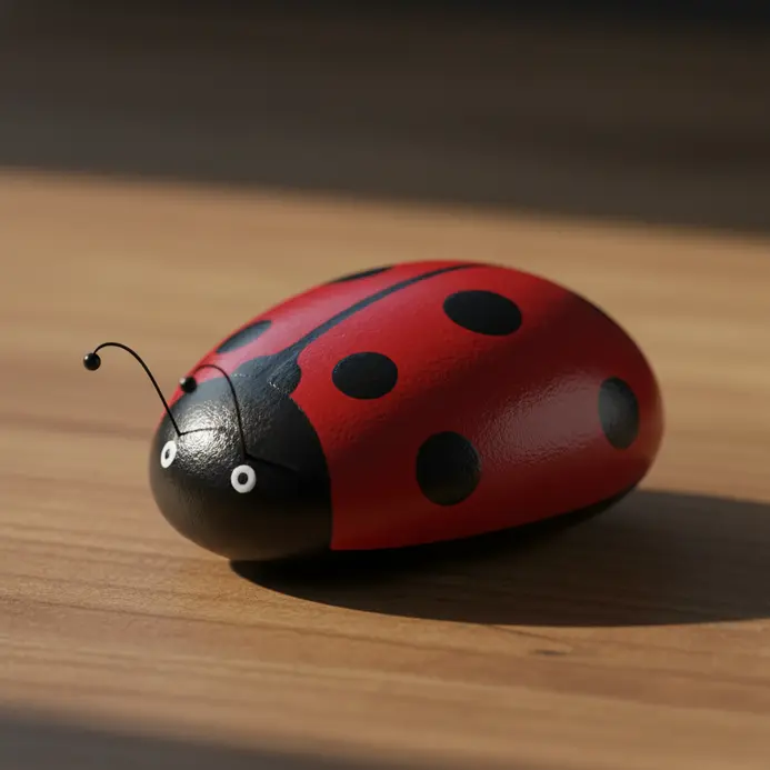 A red ladybug painted on a rock with black spots and fine insect detail