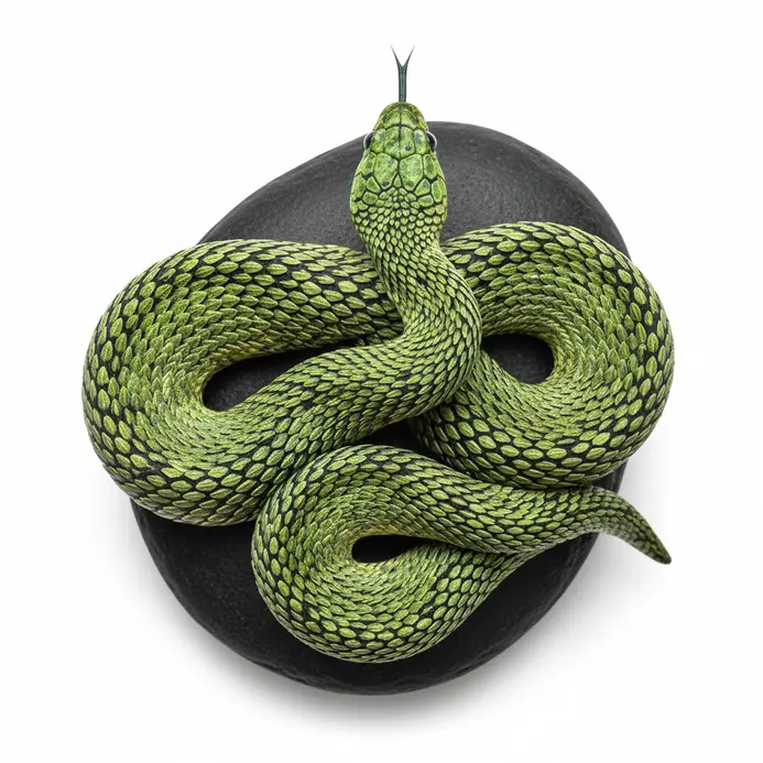 A green and black painted rock snake with textured scale pattern