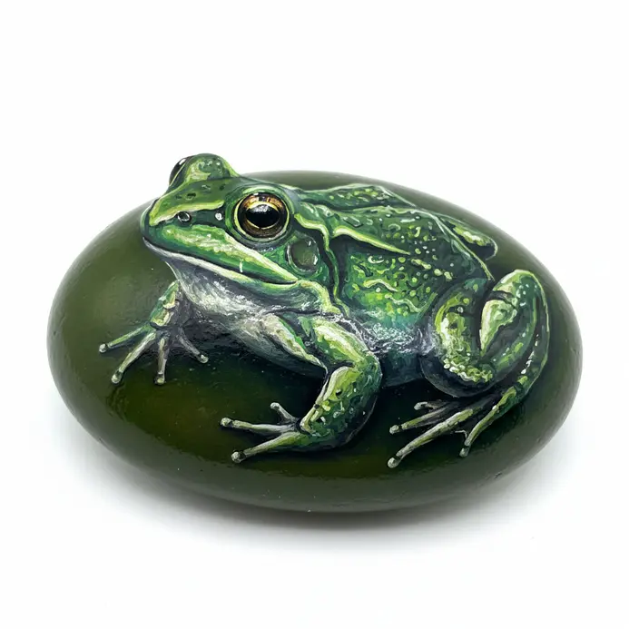 A glossy dark green frog painted on a stone with a wet look finish