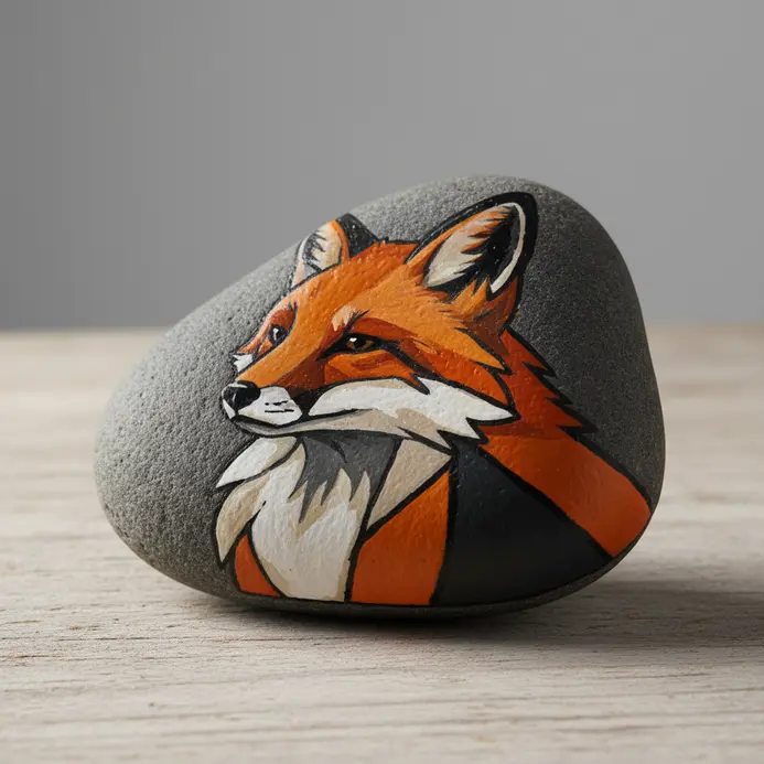 A painted rock fox made from geometric orange white and black shapes