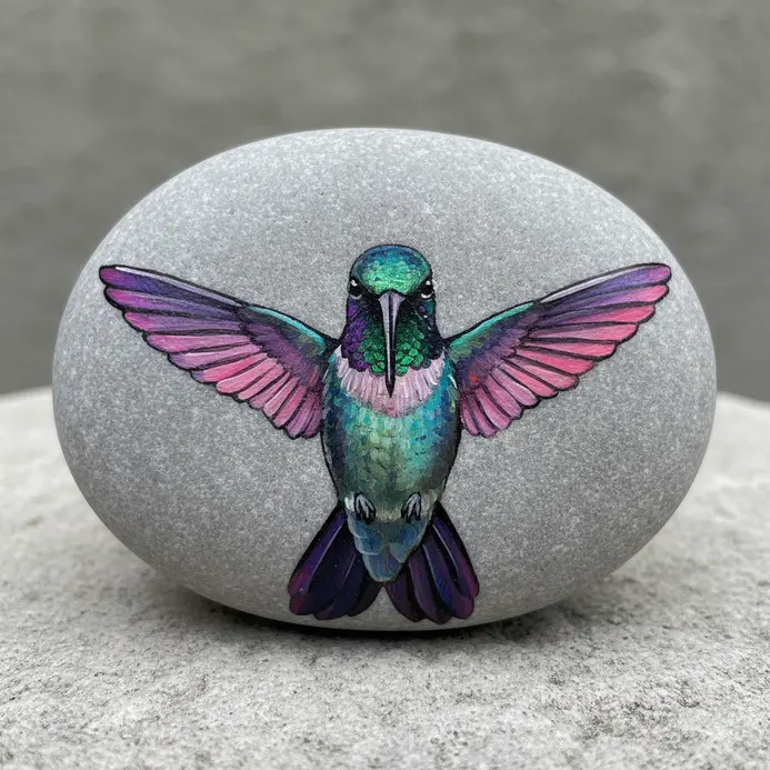 A hummingbird painted on a rock with purple and pink ombre feathers