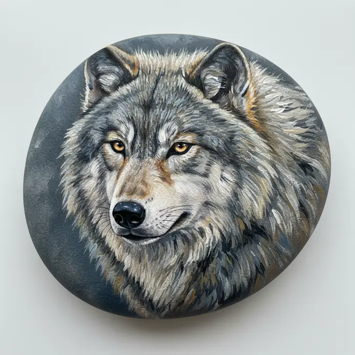 A gray wolf painted on a flat stone with layered fur textures