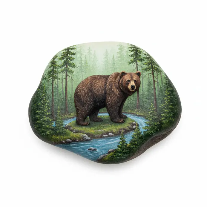 A brown bear painted on a rock with a forest habitat background