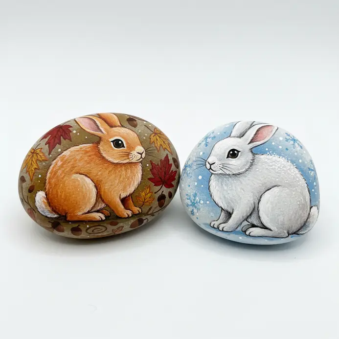 Two rabbit painted rocks in autumn and winter seasonal themes
