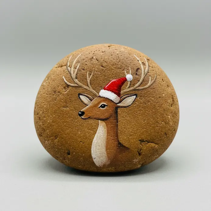 A holiday reindeer painted on a brown rock with a red hat