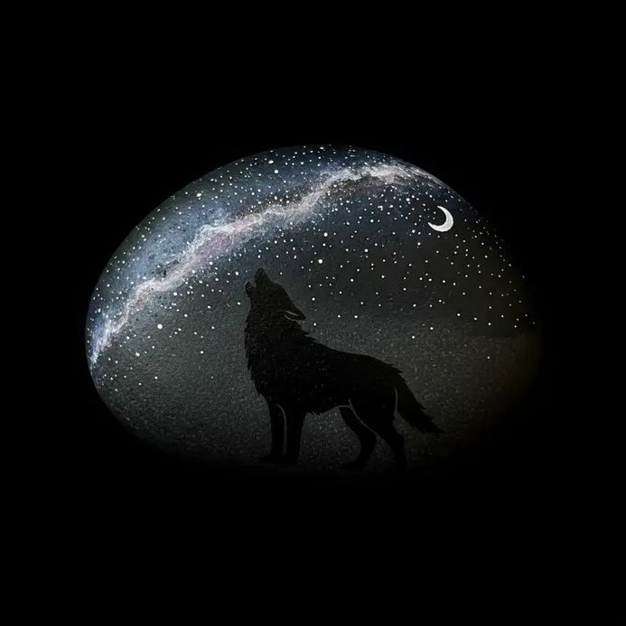 A wolf silhouette painted on a dark rock with a starry night sky