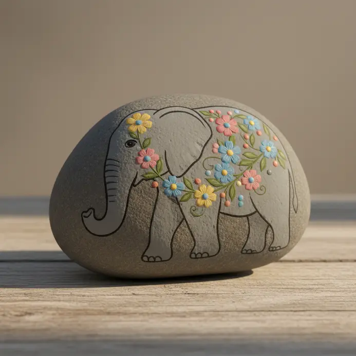 A gray elephant painted on a rock with a floral pattern on its side