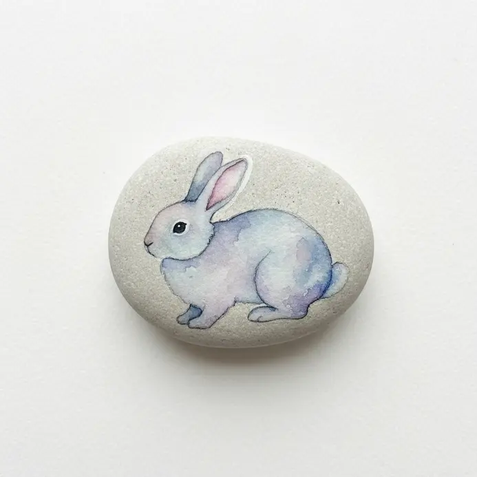 A gray rabbit painted with soft watercolor washes on a light gray stone