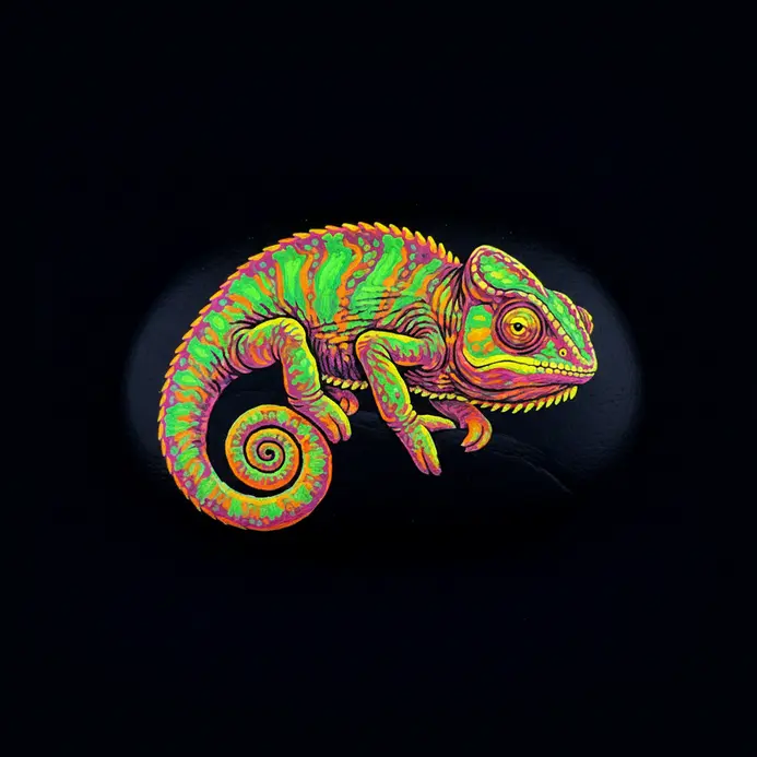 A chameleon painted in neon pink and green on a black rock