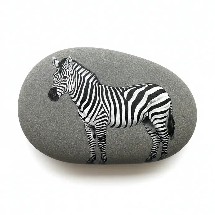 A zebra painted in black and white stripes on a gray rock