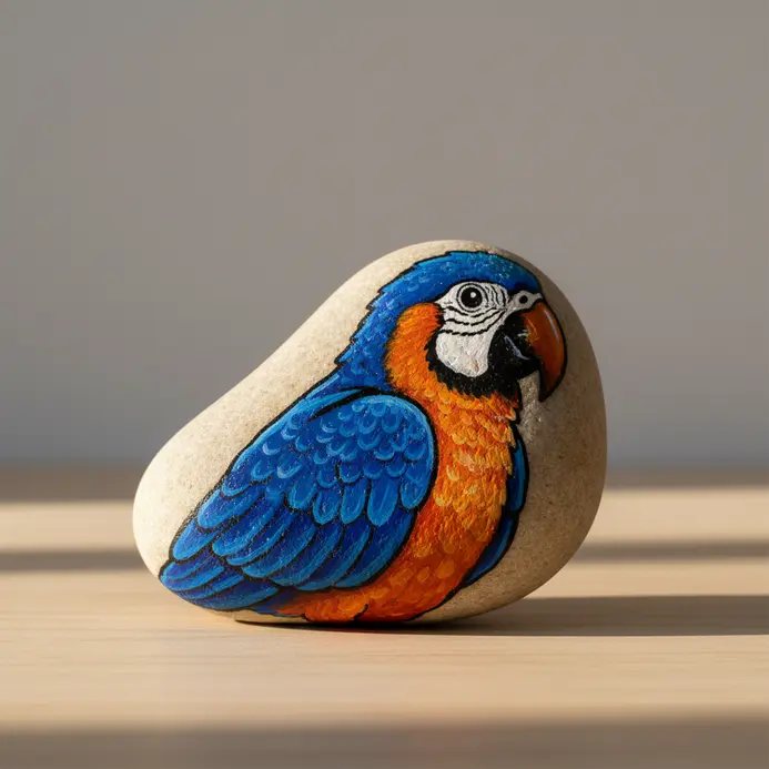 A parrot painted with blue and orange complementary colors on a rock
