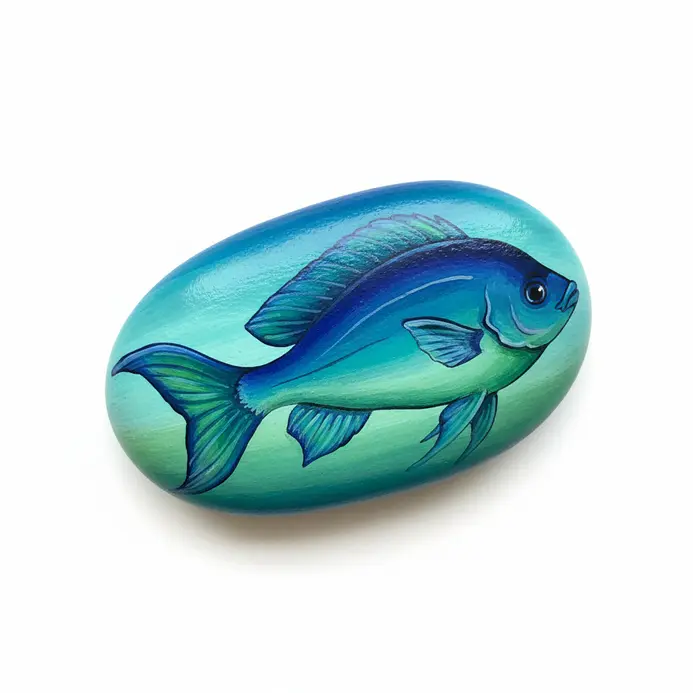 A tropical fish painted on a rock using analogous blue and green colors